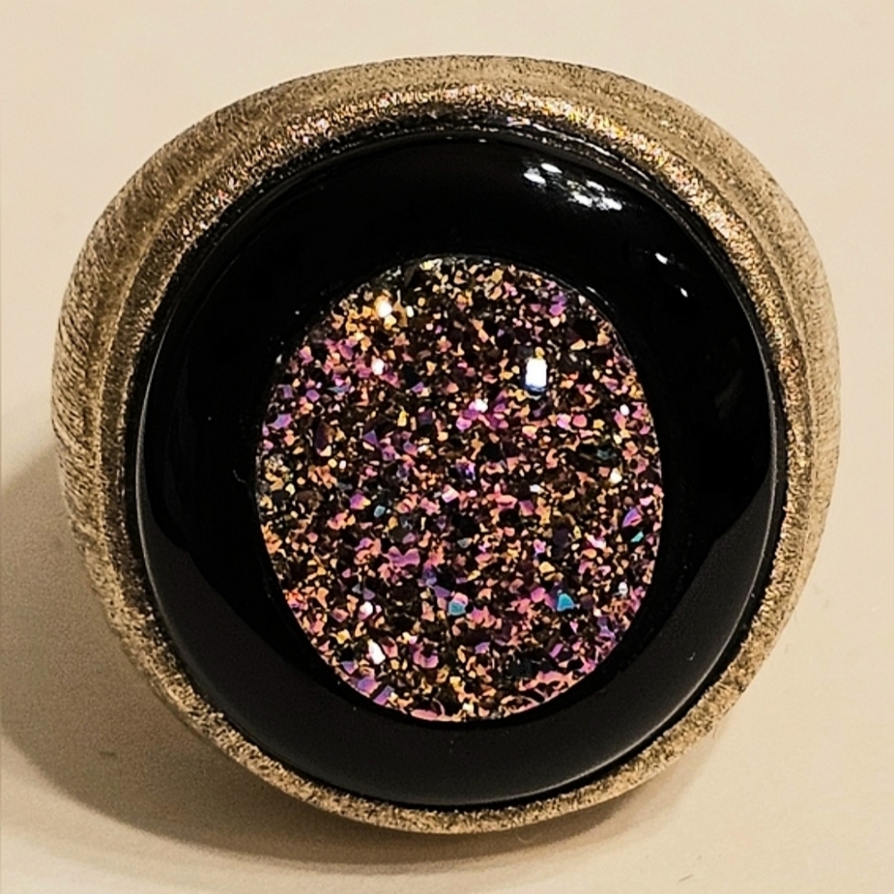 Stunning Black and Silver Rainbow Drusy Quartz Statement Ring-Size 7
